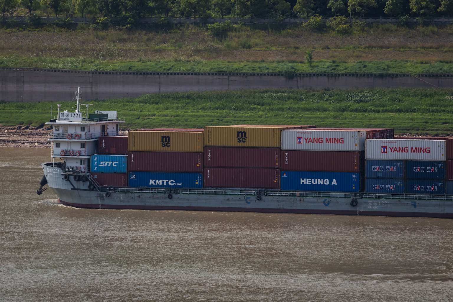 International Shipping Containers on Yangtze River Cargo Vessel