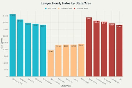 Comparison of average hourly rates for lawyers by state and practice area in the US for 2024