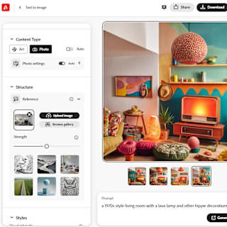 Screenshot of Adobe Firefly 3 Text to Image interface generating a 1970s-style living room image based on a text prompt