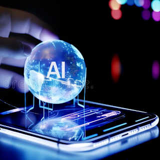 A hand interacts with a holographic digital sphere labeled 'AI' above a smartphone, symbolizing artificial intelligence technology