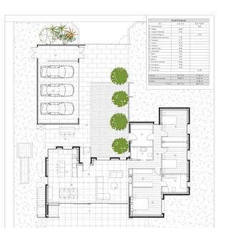 Architectural Floor Plan Of A Modern Single-Story Single-Family Home With Detailed Room Labels And Outdoor Landscaping