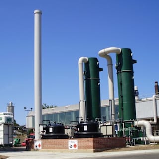 Industrial odour control stacks and scrubbers at a chemical manufacturing facility