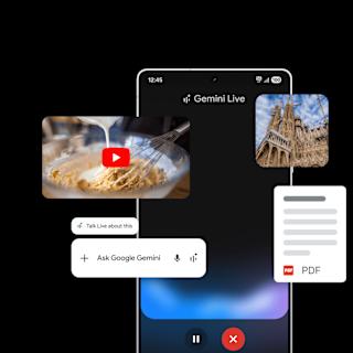 Google Gemini Live interface showing interactive multimedia elements and voice input options