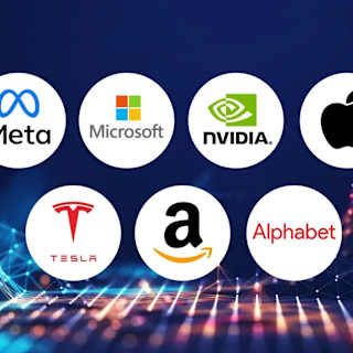 Logos of the MAG7 technology companies: Meta, Microsoft, Nvidia, Apple, Tesla, Amazon, and Alphabet