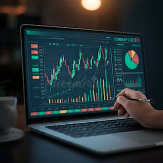 Laptop screen showing candlestick and volume charts used in stock market analysis