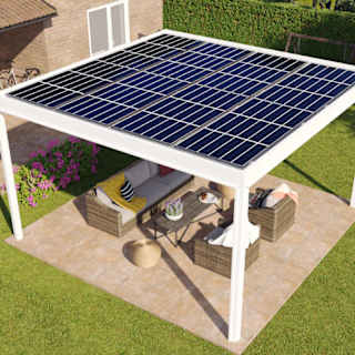 Pergola fotovoltaica a tetto fisso Enersun con pannelli solari su patio con mobili da giardino
