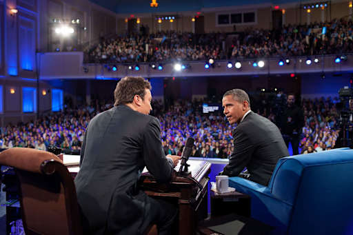 Jimmy Fallon interviews President Barack Obama on *Late Night with Jimmy Fallon* at UNC Chapel Hill in April 2012.