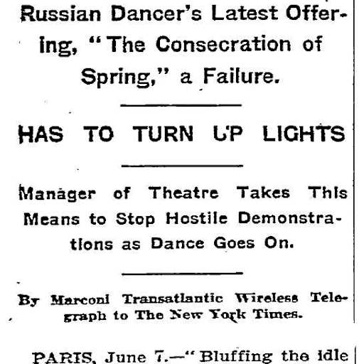 *The New York Times* article from June 8, 1913, reporting on the hostile Paris premiere of the ballet "The Consecration of Spring".