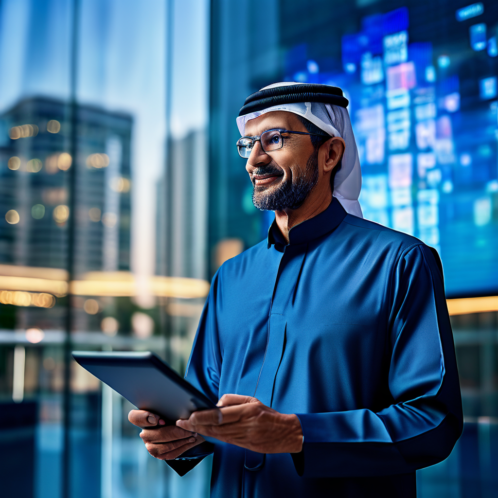 Middle Eastern man wearing blue, holding an iPad with glass and skyscrapers behind him. 