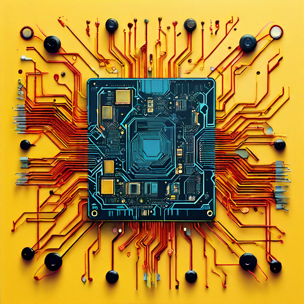 Circuit board laid out on a yellow table with orange wires spreading out.