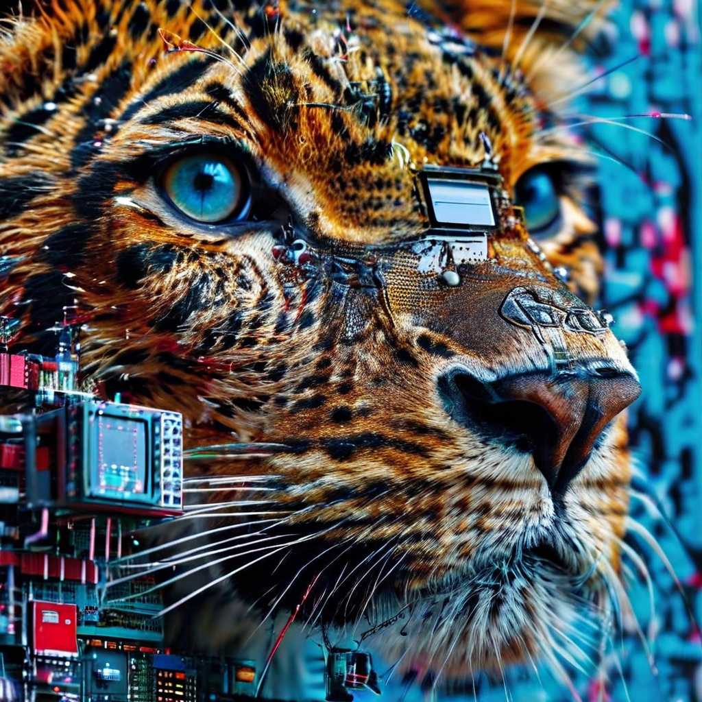 Picture of a tiger superimposed over microchips.