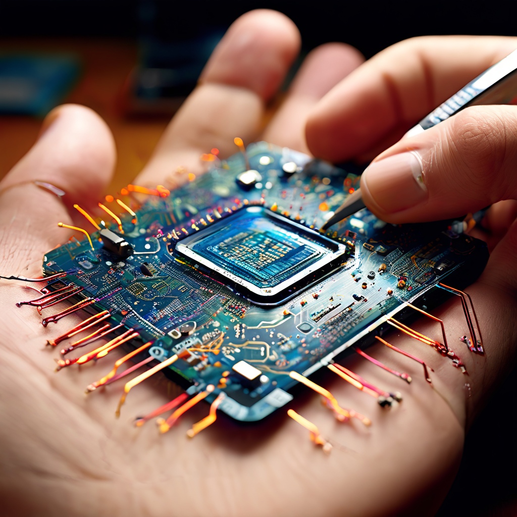 Man holding a microchip in his hand and drawing with a fine pen tool.