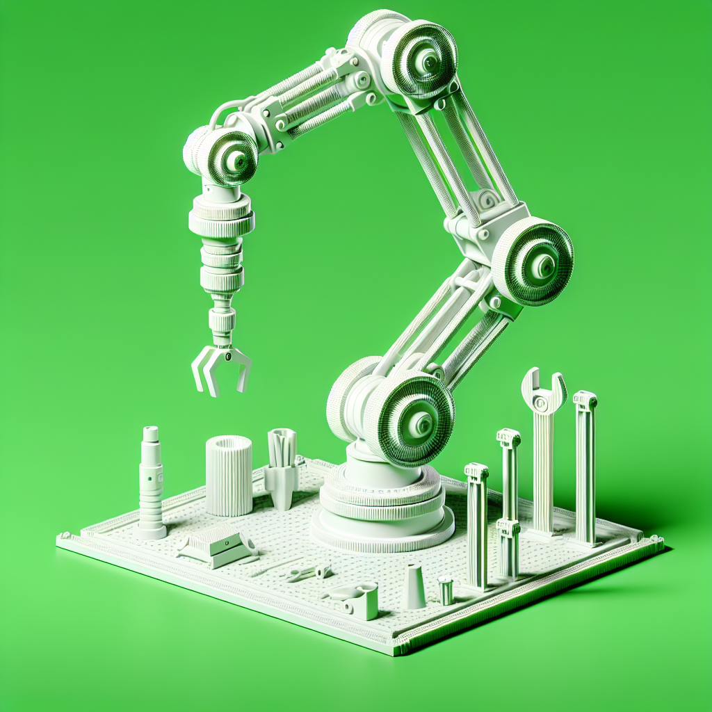 A 3D printed PLA robot arm with a simple, industrial design, surrounded by a green background to represent its eco-friendly properties