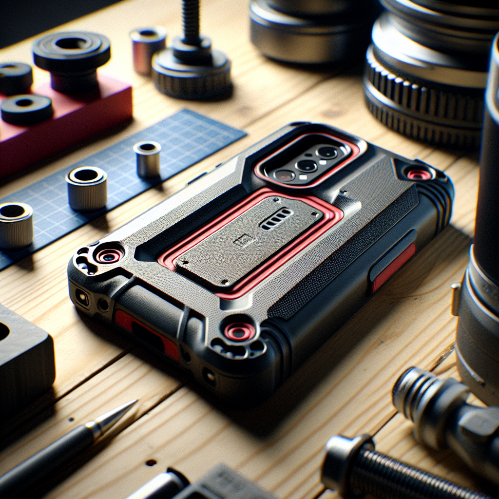 A 3D printed ABS phone case with a textured, rugged surface and a bold, red stripe running along the edge