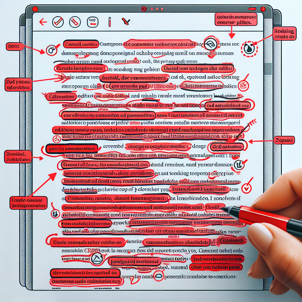 Un'immagine che illustra un documento con correzioni grammaticali evidenziate in rosso, mostrando suggerimenti e spiegazioni dettagliate per migliorare il testo. 