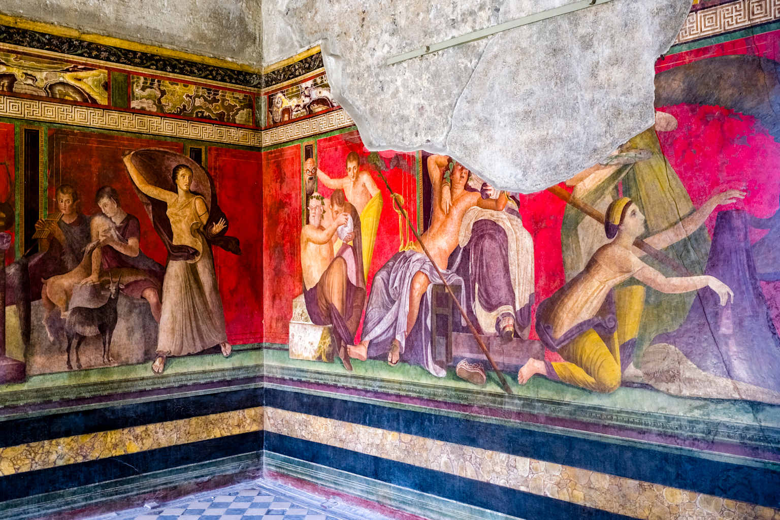 Wall paintings in the Villa of the Mysteries in the...