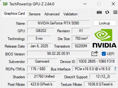 NVIDIA GeForce RTX 5090 GPU-Z検証画面
