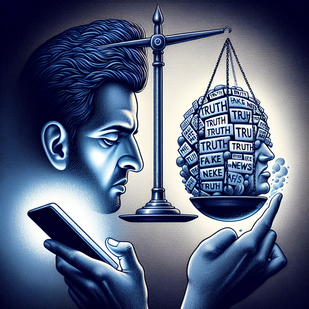 スマートフォンで情報を確認する人と「真実」と「偽情報」の天秤を表すイメージ