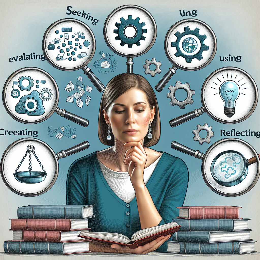 情報リテラシーを高める6つの習慣を実践する人物とそのポイントを示すイラスト