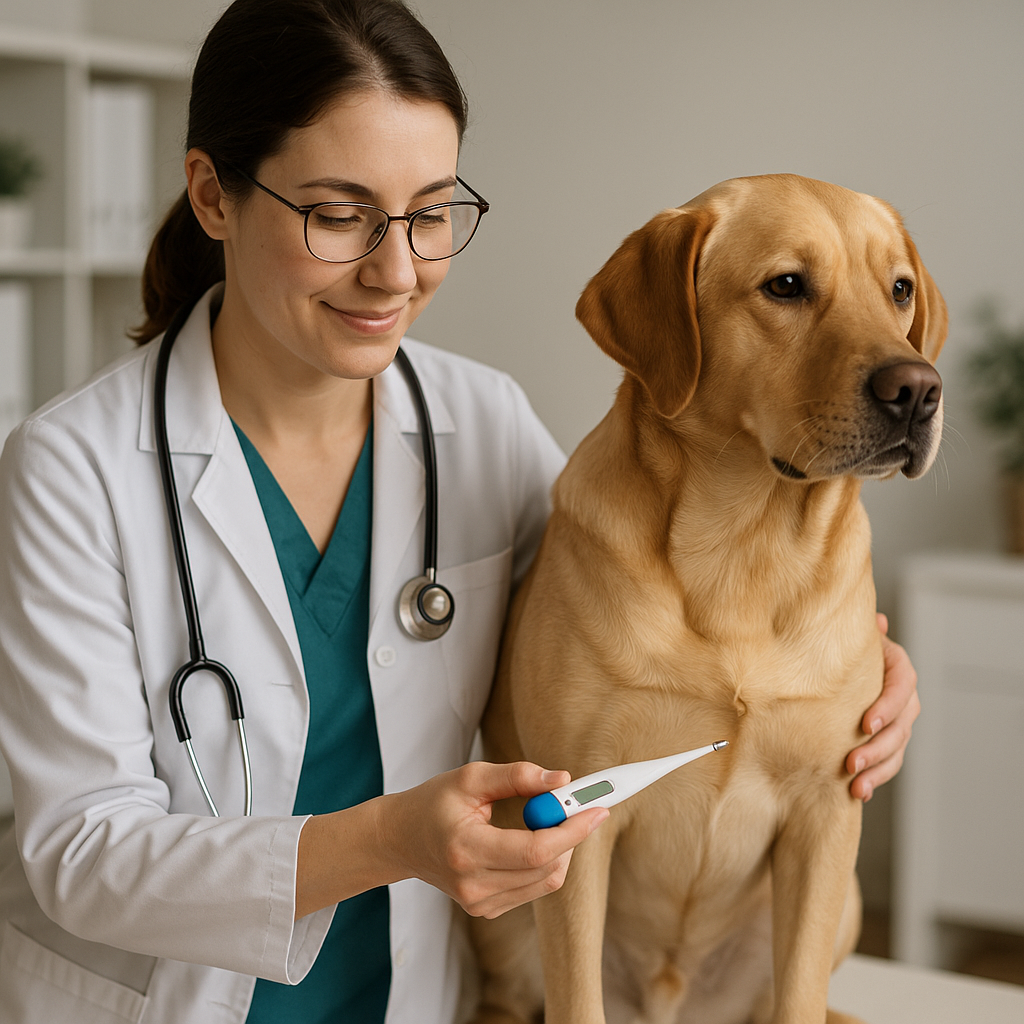 Veterinarian measuring dog's temperature
