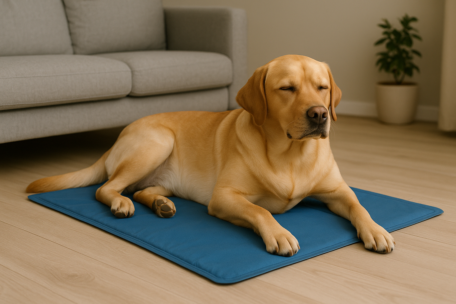 Dog lying comfortably on a cool mat