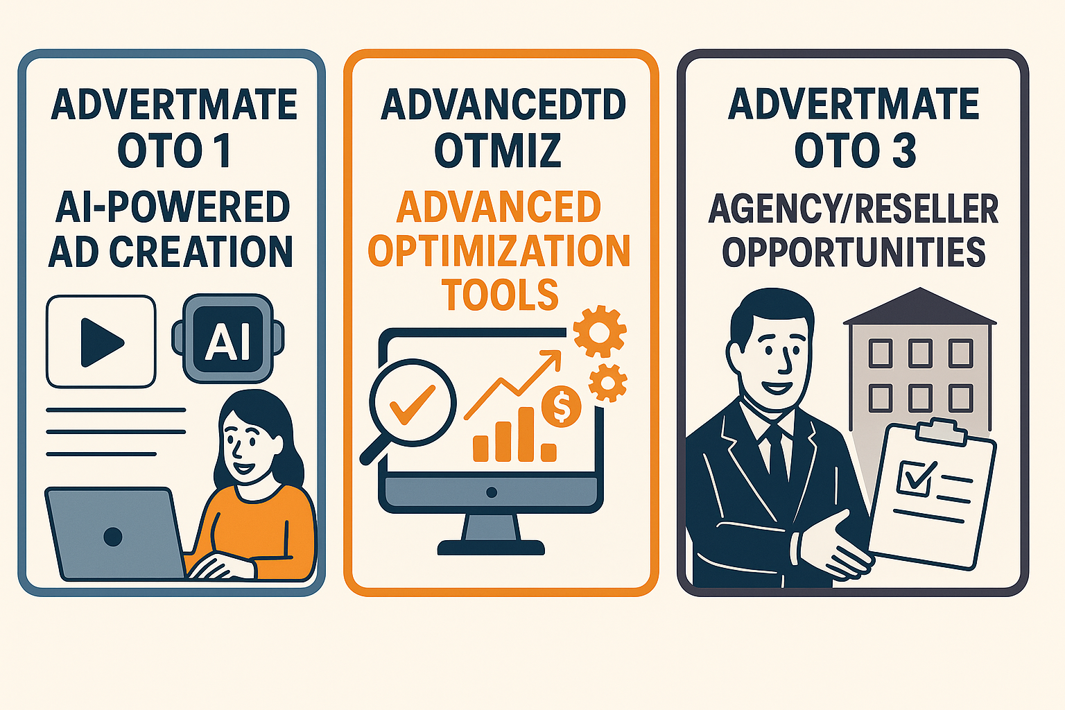 Three images illustrating Advertmate OTO features