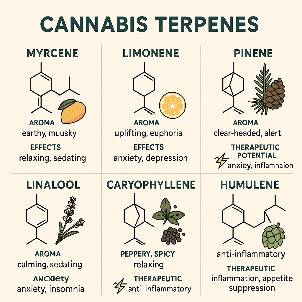 Illustration of cannabis terpenes with aromas, effects, and therapeutic potential