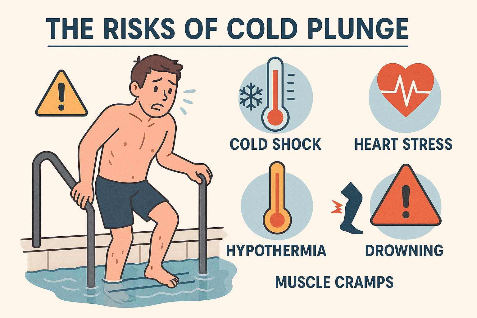 Illustration of the risks of cold plunge therapy with key danger icons
