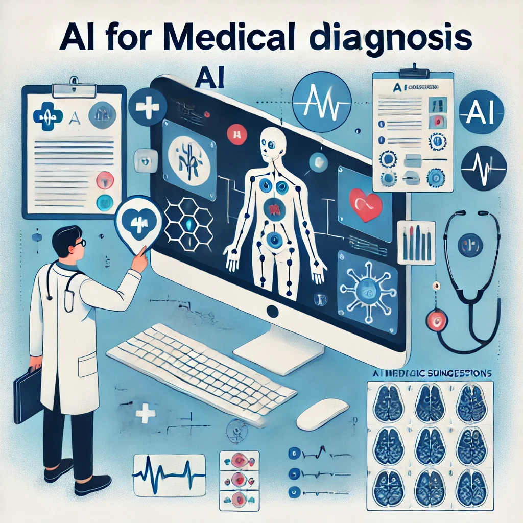 An illustration demonstrating artificial intelligence's role in medical diagnosis and healthcare technology