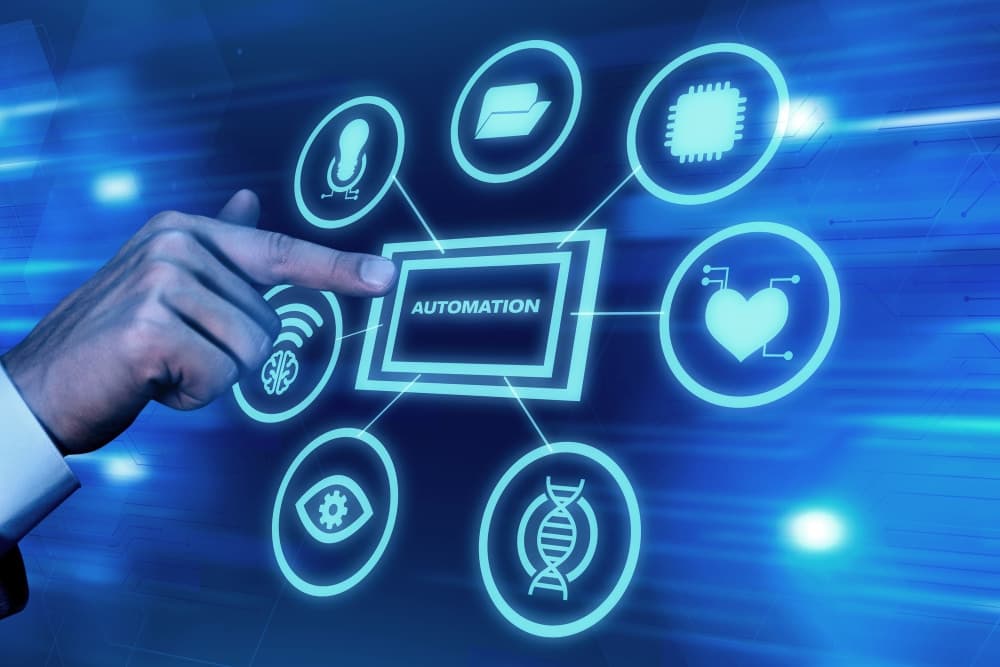 Conceptual diagram illustrating various technological components and applications linked to automation, including AI and data management.