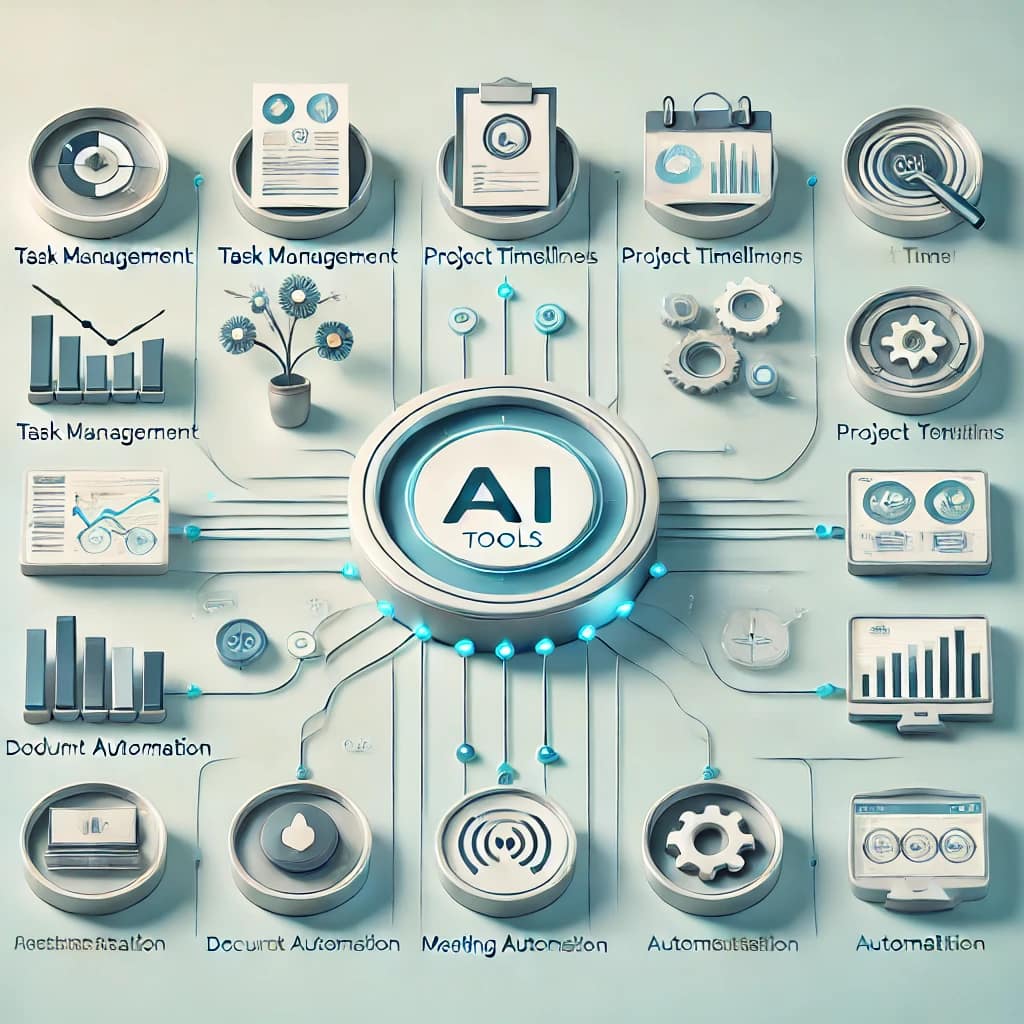 Infographic showing AI tools connected to various functions like task management, project timelines, and automation, highlighting AI's role in enhancing content creation workflows.