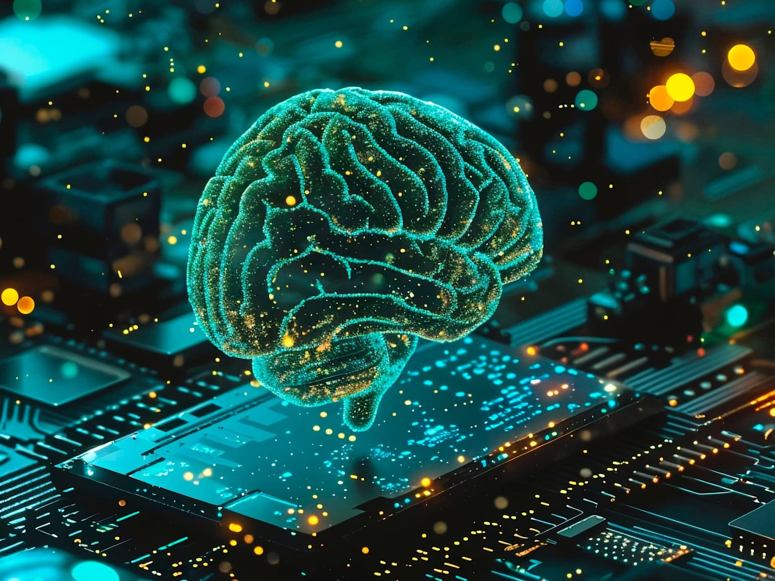 Digital brain hovering above a circuit board, representing advanced neural networks