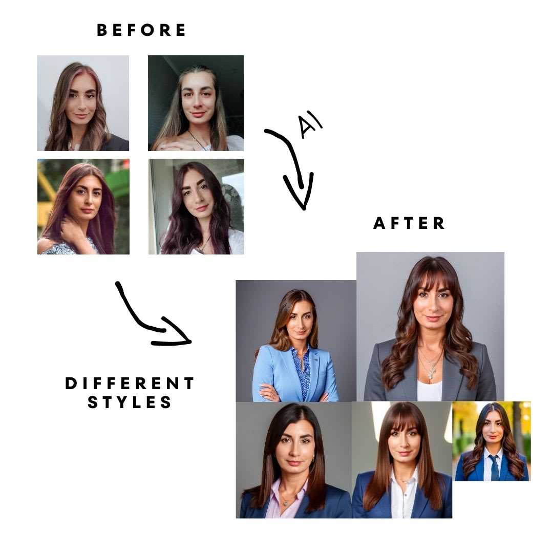 Comparison of original casual photos and AI-enhanced professional headshots created with different styles