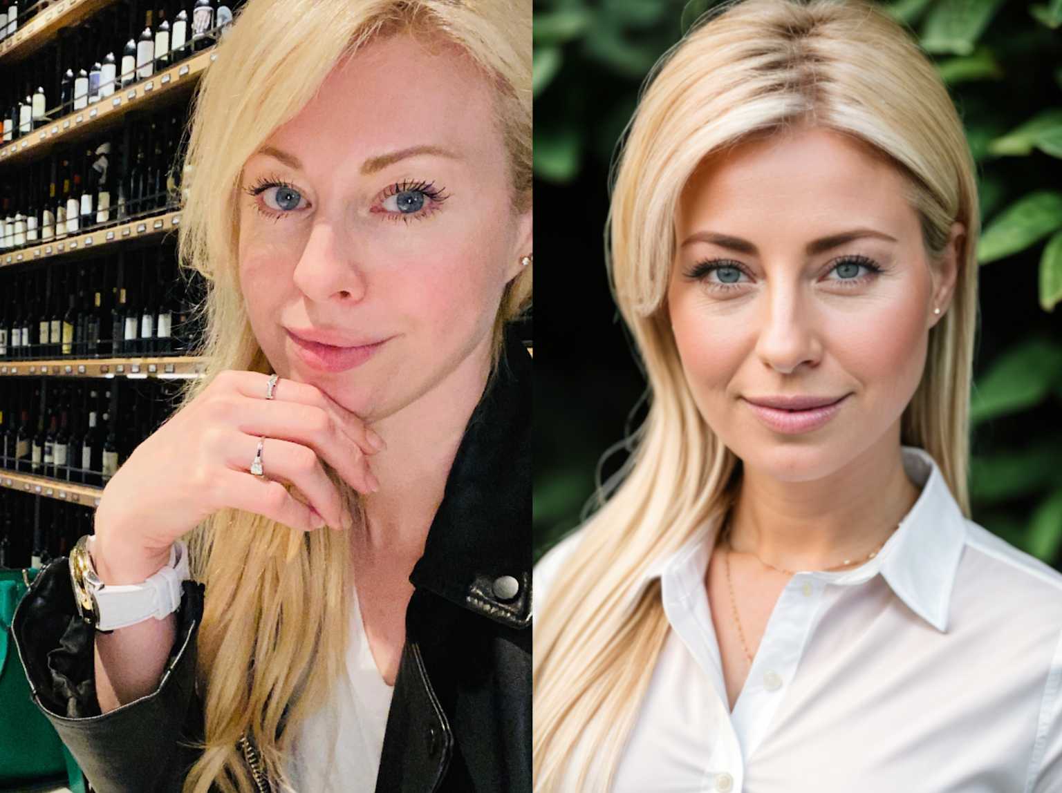 Side-by-side comparison of a casual photo and an enhanced professional headshot showcasing AI transformation effects