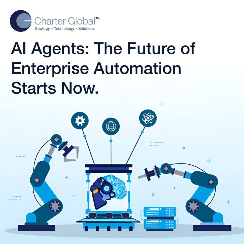 AI agents are poised to drive the future of enterprise automation, as depicted by robotic arms and AI brain iconography