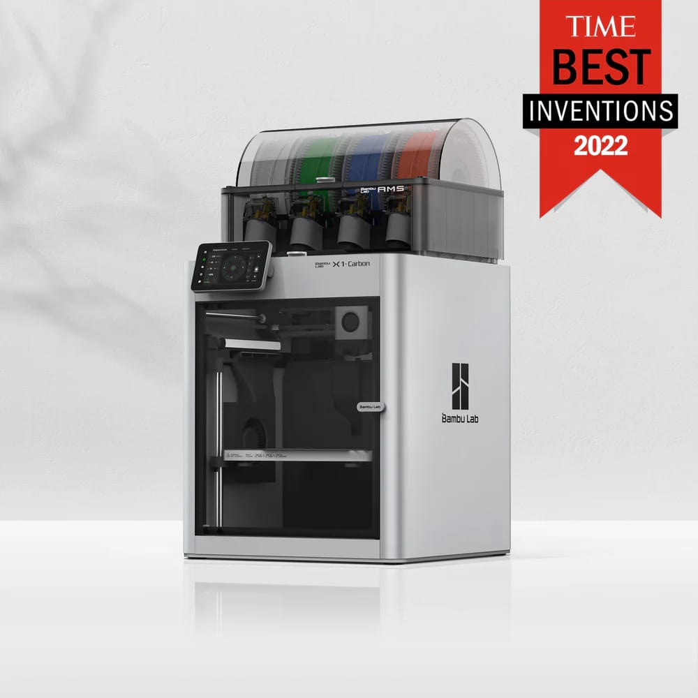 Bambu Lab X1 Carbon 3D printer recognized as one of TIME's Best Inventions of 2022, featuring multi-material printing and a touchscreen interface.