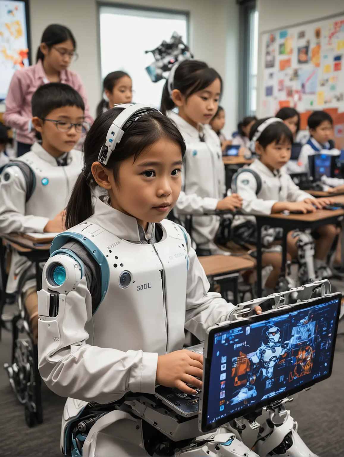 Young students in advanced white tech suits engage with laptops showing robot interfaces in a futuristic classroom setting.
