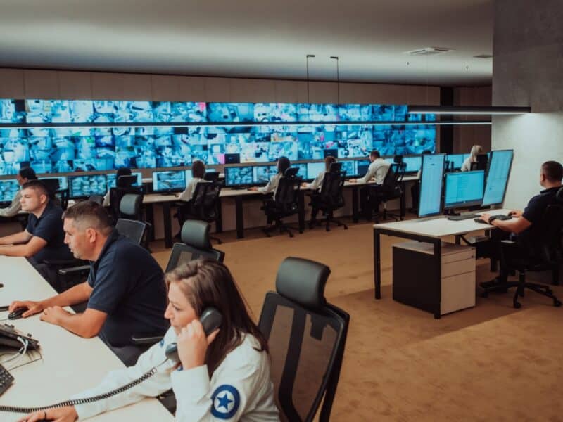 An emergency command center with multiple operators monitoring extensive surveillance feeds and computer systems for crisis management