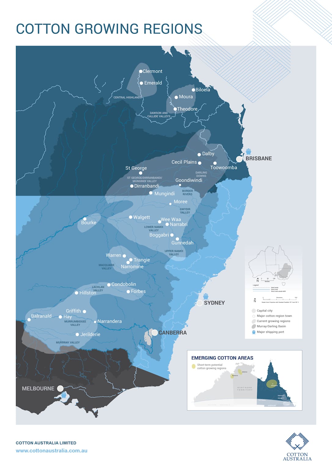 Map of Australia showing cotton growing regions and emerging areas
