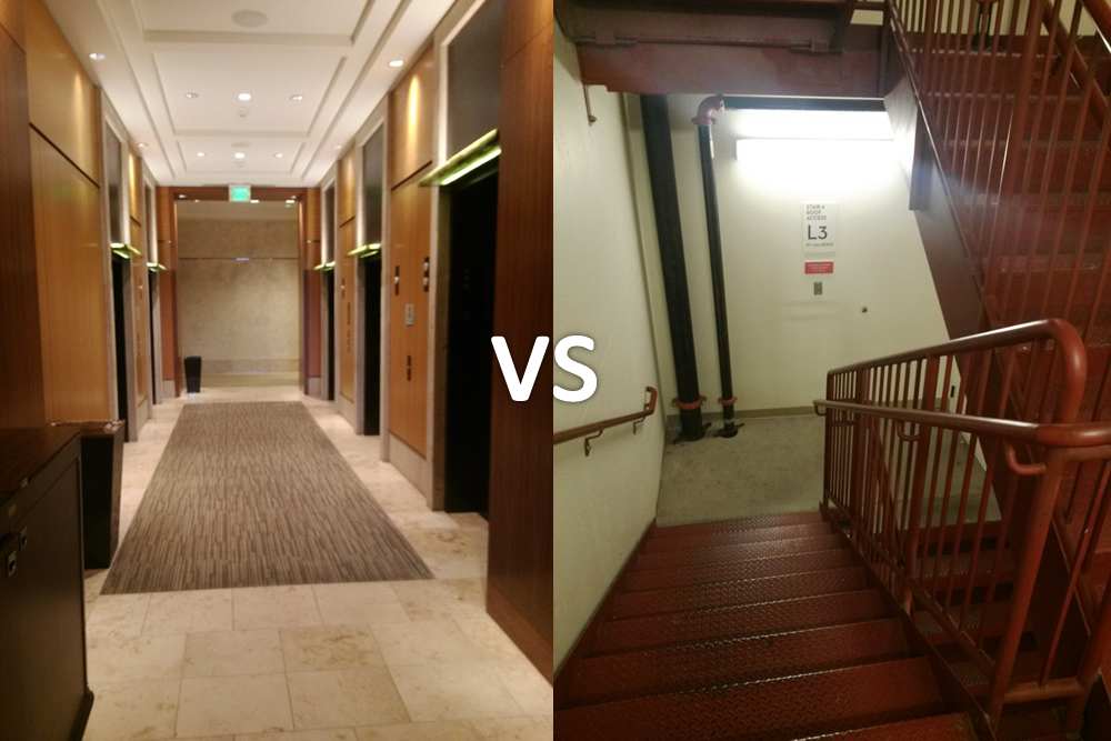 A visual comparison of taking the stairs versus the elevator.