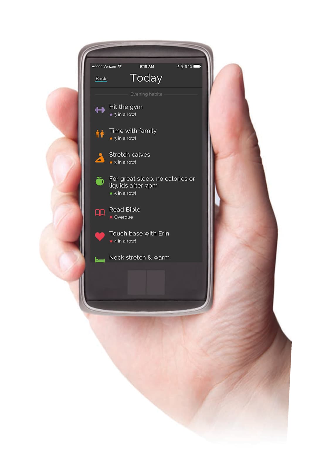 A smartphone displays a habit tracking application listing various evening habits, some with streaks and one marked overdue.