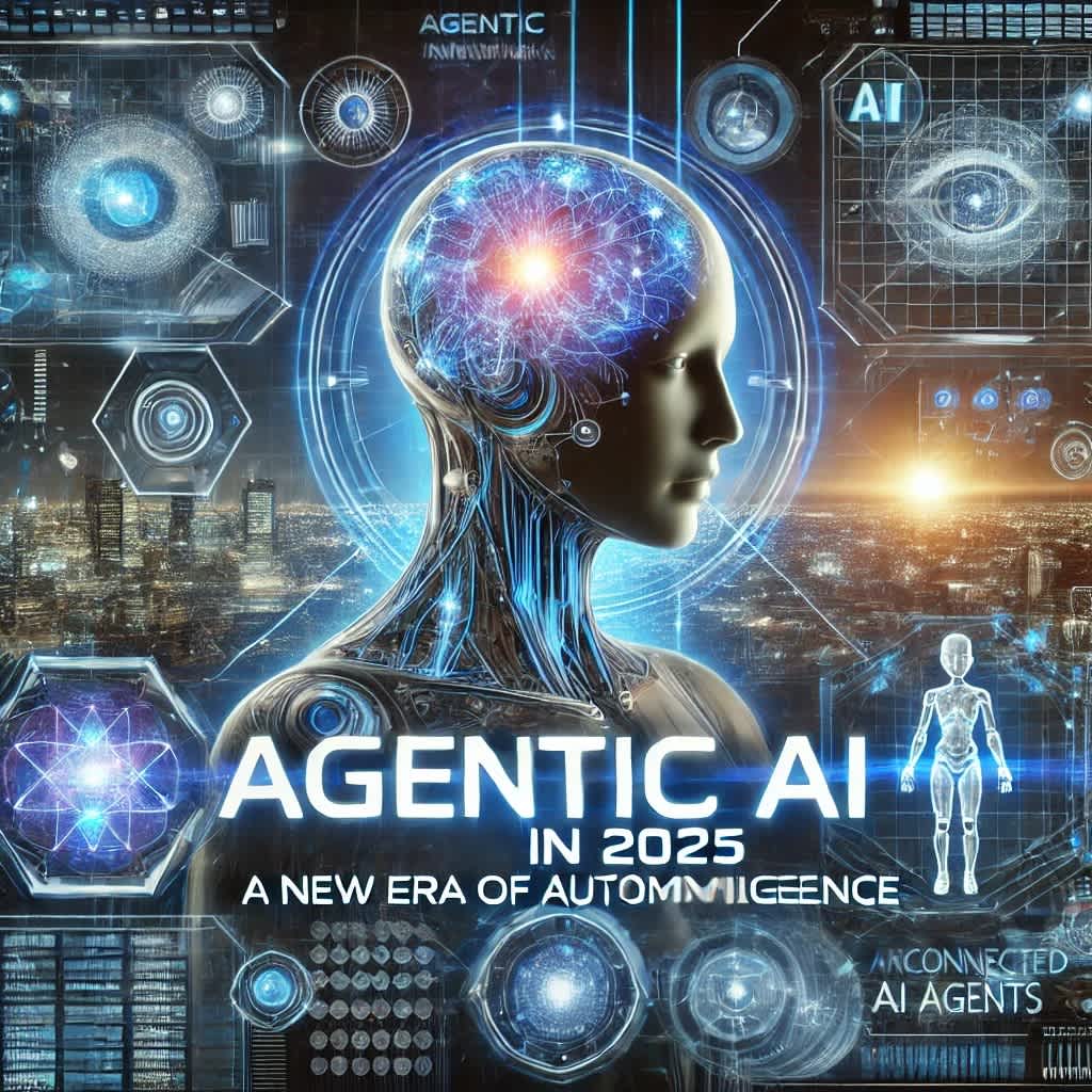Futuristic depiction of agentic AI and autonomous intelligence in 2025 with digital and technological elements.