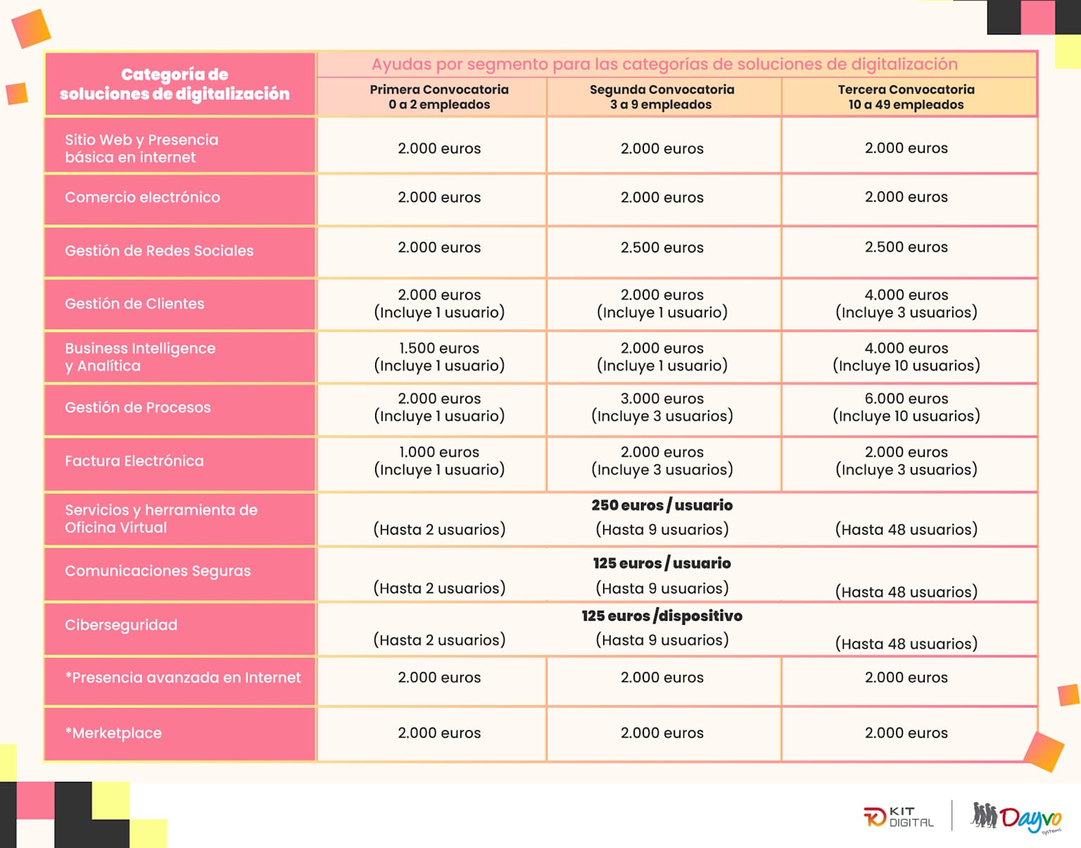 Aid amounts for different digitalization categories under the Kit Digital program, segmented by company size