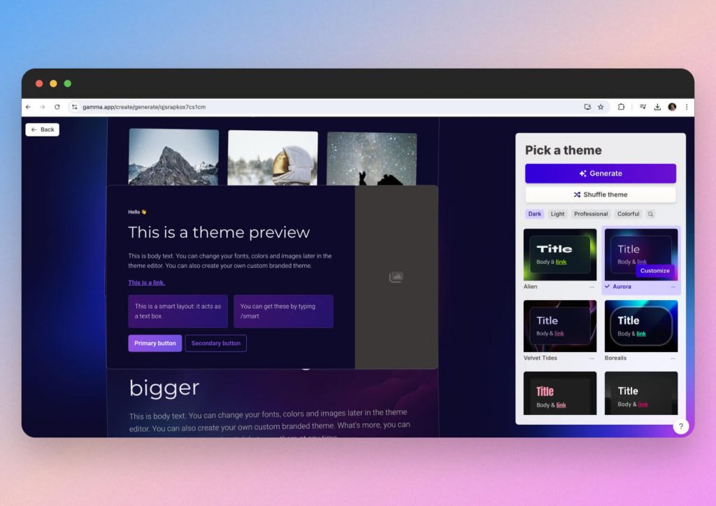 The Gamma.app Interface for theme selection.