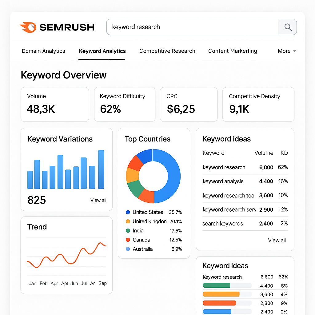 Semrush 2025 modern dashboard showing keyword research and analytics interface