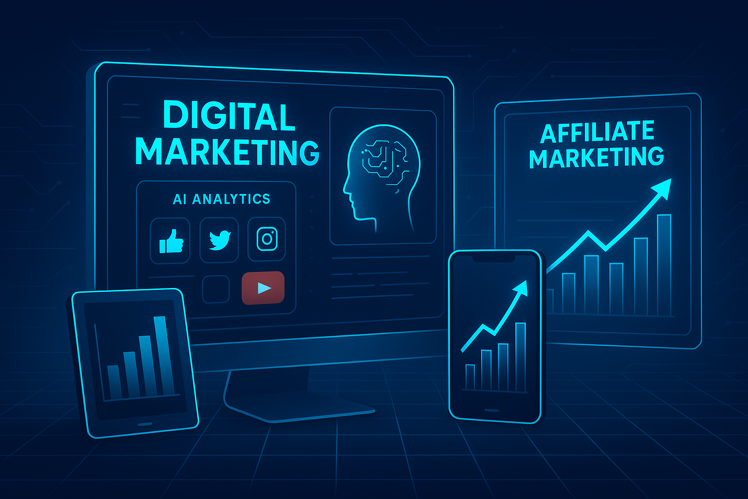 Futuristic affiliate marketing dashboard showcasing AI-powered analytics and trends