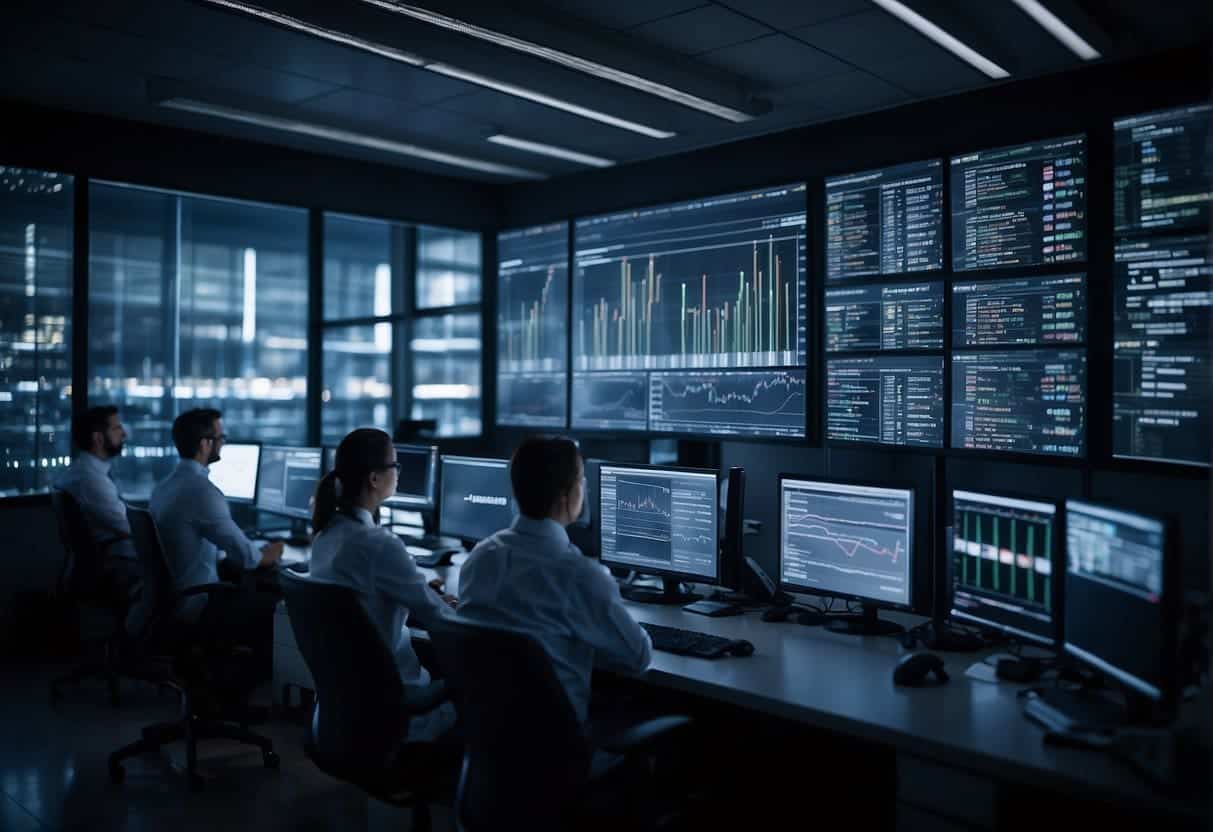Professionals analyze performance metrics on multiple screens in a modern office