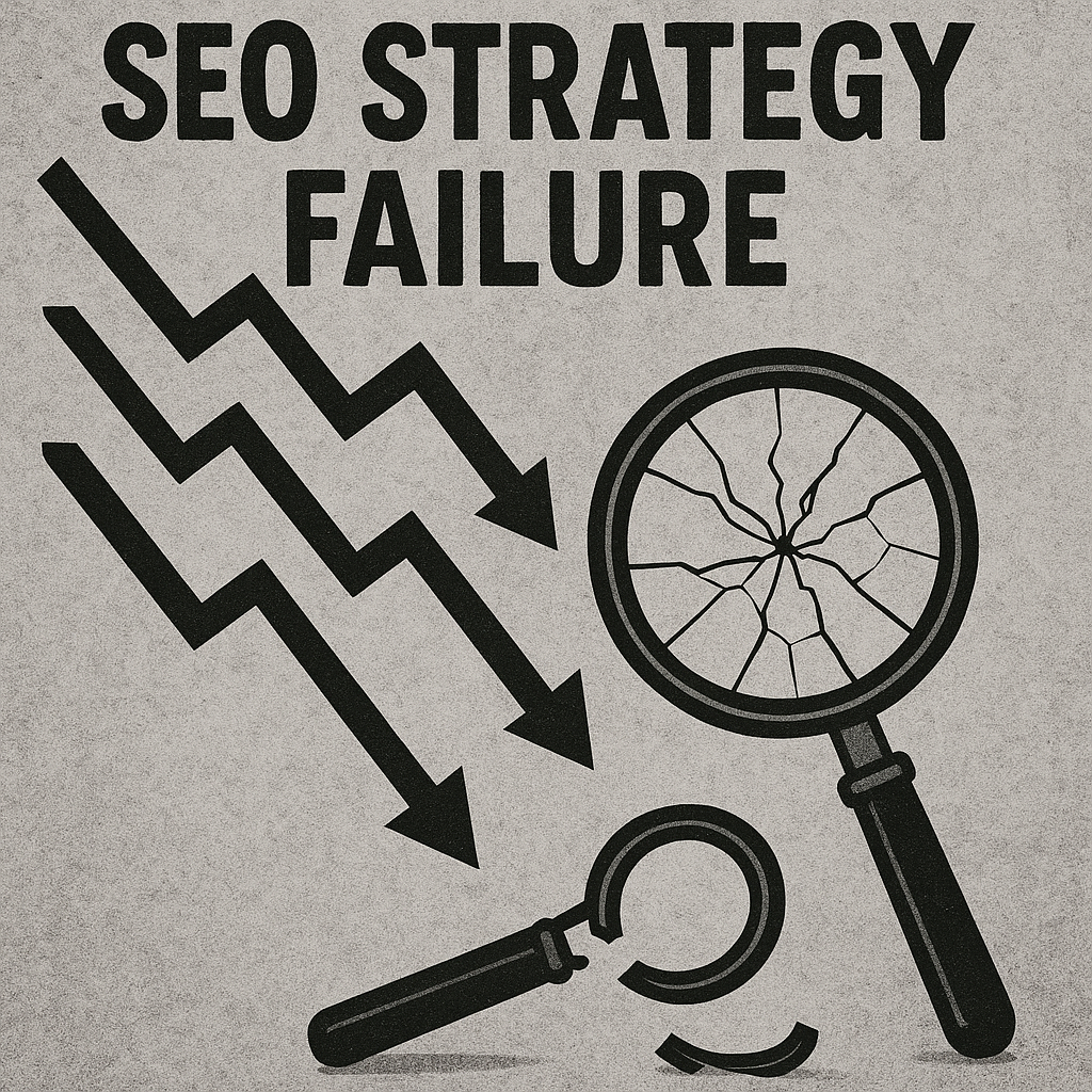 Visual representation of failing SEO strategies with declining performance metrics