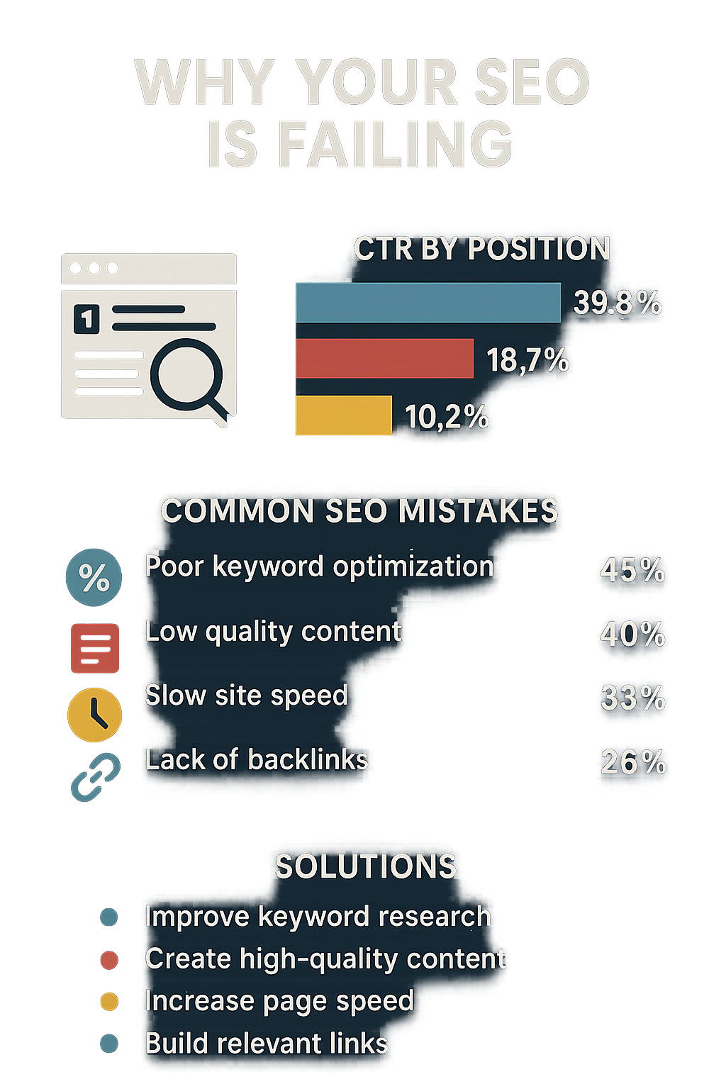 Comprehensive infographic showing why SEO strategies fail and how to fix the most common issues