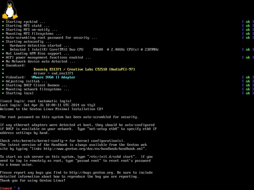 Gentoo Linux boot screen showing system initialization and login prompt during the minimal installation phase.